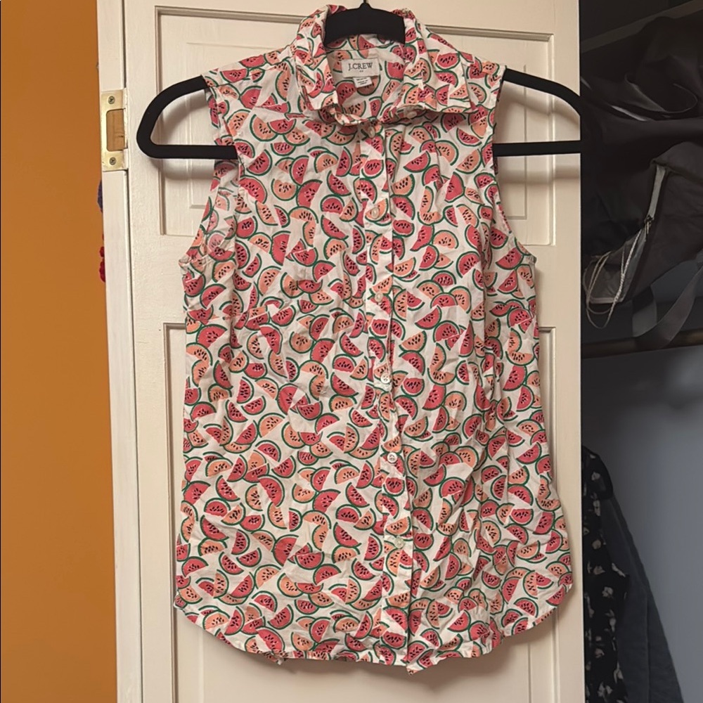 J. Crew Sleeveless Watermelon Print Button Down - Pink and Green